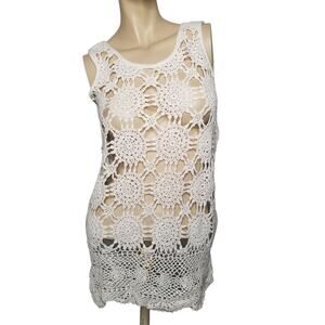 Express Tricot White Crocheted Knit Boho Tank Top Small Festival Cottagecore